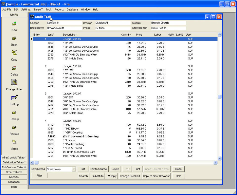 screenshot of Electrical Bid Manager